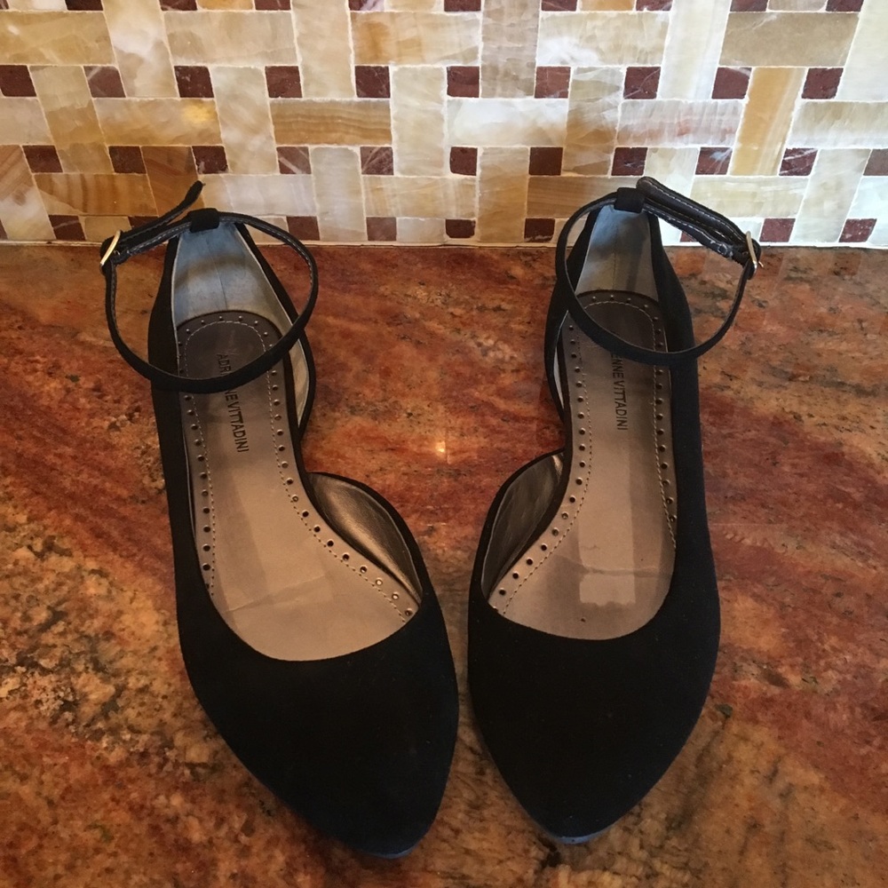 Black suede Adrienne Vittadini ankle strap flats.